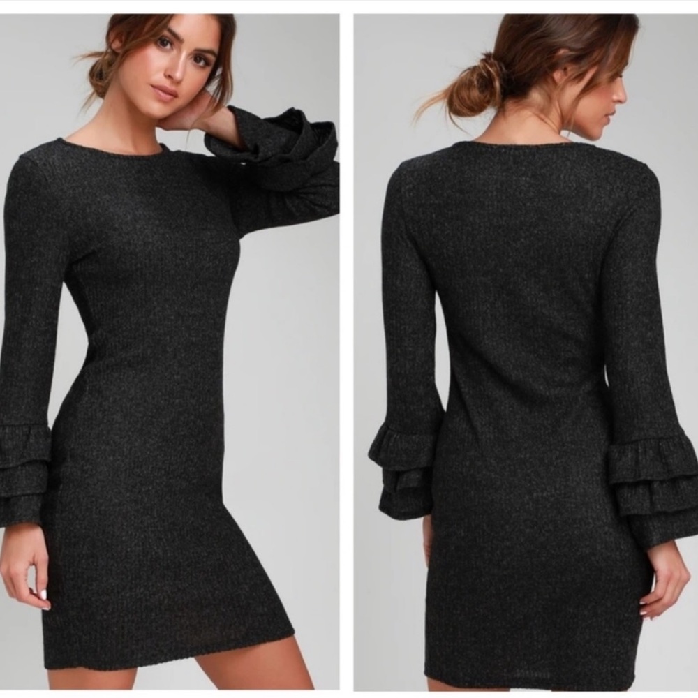 Lulus Rooney Dark Grey Flounce Sweater Dress fall/winter wedding guest dress